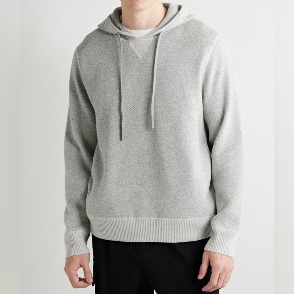 THEORY ALCOS GRAY HERRINGBONE WOOL-BLEND MEN'S HOODIE SWEATER, MEDIUM